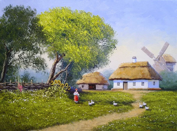 Beautiful Landscape Old Ukrainian Village Pastoral Fields Huts — Stockfoto