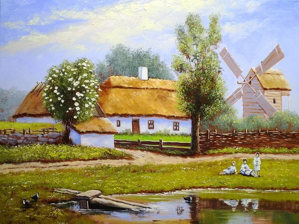 Beautiful Landscape Old Ukrainian Village Pastoral Nature Windmill Huts — стоковое фото