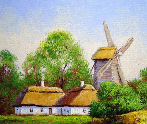 Beautiful Landscape Old Ukrainian Village Pastoral Nature Windmill Huts — Photo