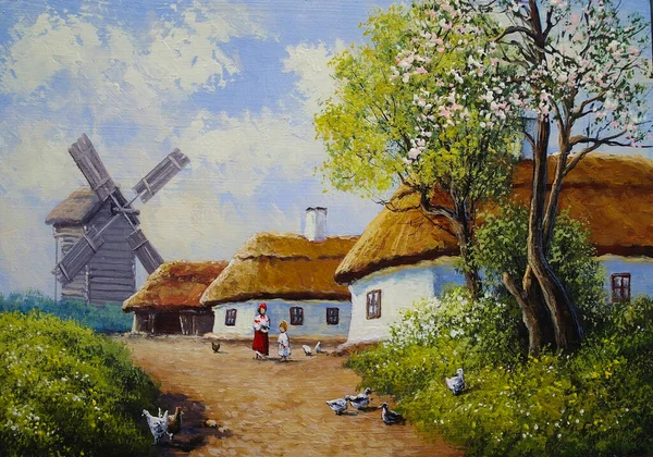 Beautiful Landscape Old Ukrainian Village Pastoral Nature Windmill Huts — Photo