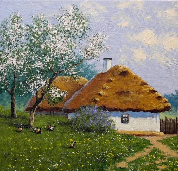 Beautiful Landscape Old Ukrainian Village Pastoral Fields Huts — Foto Stock