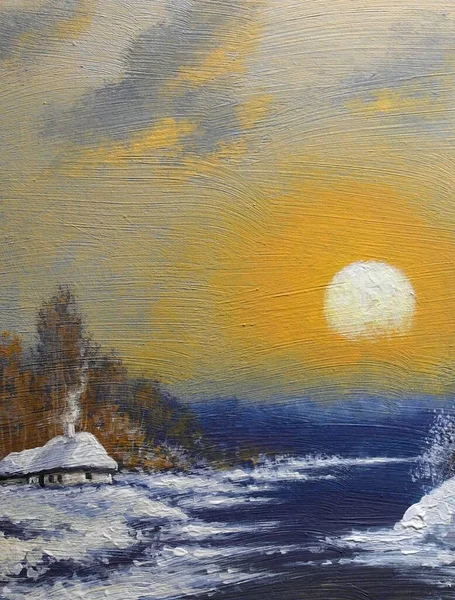 Painting, landscape of old winter village