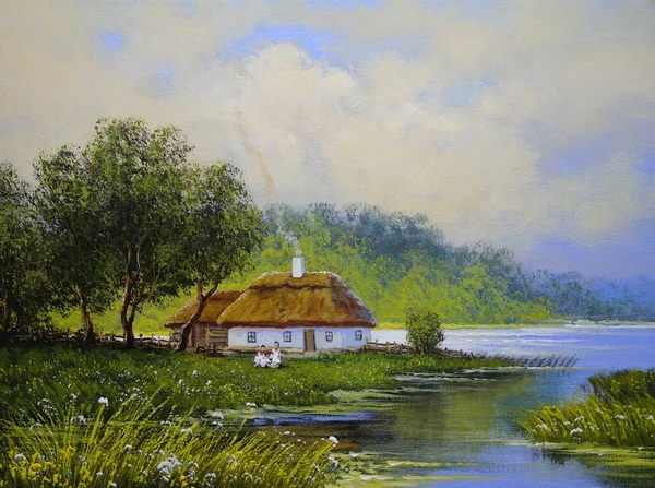 Beautiful Painting Old Ukrainian Village Pastoral Landscape River Huts — Fotografia de Stock