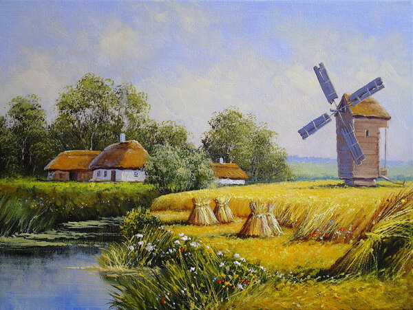 beautiful painting of old Ukrainian village with pastoral landscape, windmill, river and huts