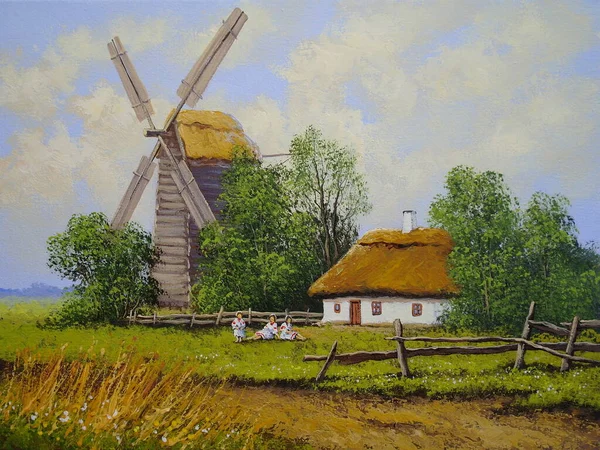 Beautiful Painting Old Ukrainian Village Pastoral Landscape Windmill Hut — Fotografie, imagine de stoc