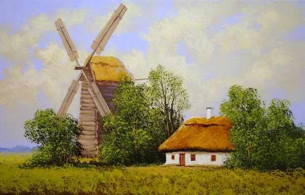 Beautiful Painting Old Ukrainian Village Pastoral Landscape Windmill Hut — Zdjęcie stockowe