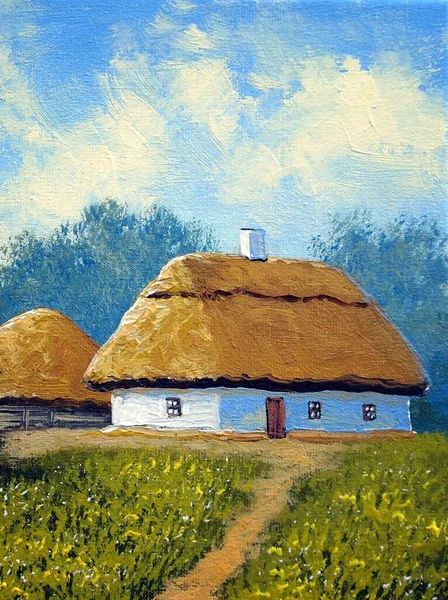 Beautiful Painting Old Ukrainian Village Pastoral Landscape Huts — Stock Photo, Image