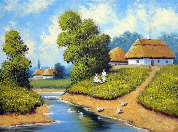 Beautiful Painting Old Ukrainian Village Pastoral Landscape River Huts — Stock Fotó