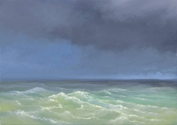 Paesaggio Dipinto Olio Mattina Nebbiosa Sul Mare Mare Tempestoso Cielo — Foto Stock