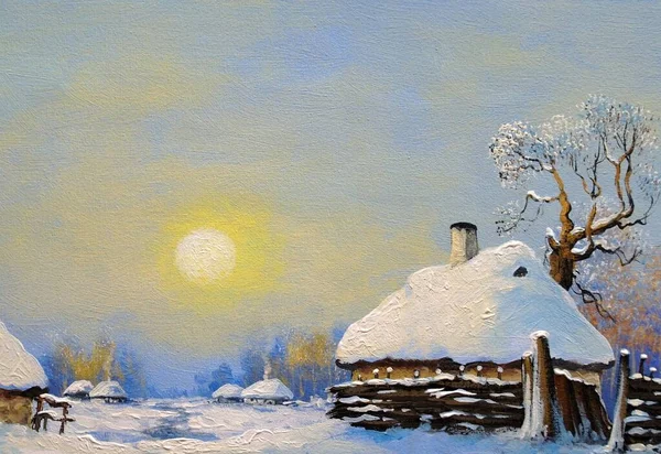 Ζωγραφική Τοπίο Του Παλιού Χωριού Χειμώνα — Φωτογραφία Αρχείου