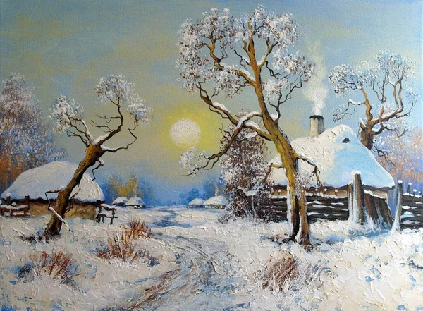 Pintura Paisaje Del Antiguo Pueblo Invierno — Foto de Stock