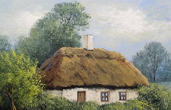 Prachtig Schilderij Van Oud Oekraïens Dorp Met Pastoraal Landschap Hutten — Stockfoto