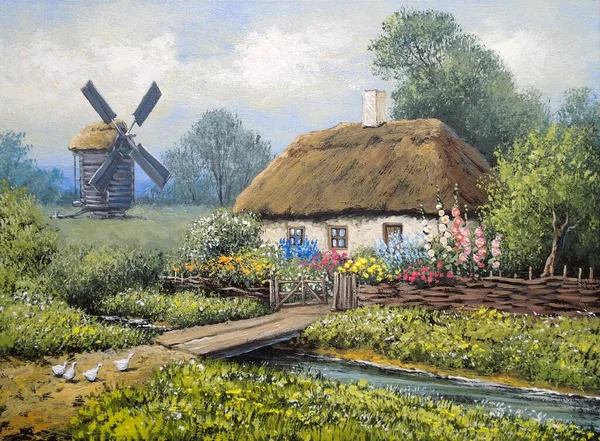 Beautiful Painting Old Ukrainian Village Pastoral Landscape Windmill Hut — Foto Stock