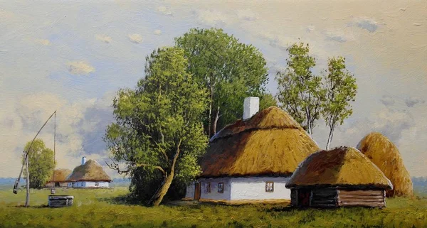 Beautiful Landscape Old Ukrainian Village Pastoral Fields Huts — Foto de Stock