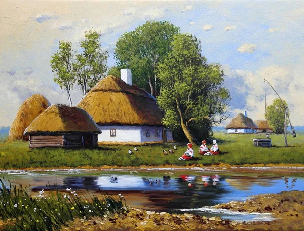 Beautiful Landscape Old Ukrainian Village Pastoral Fields Huts — Stock Photo, Image
