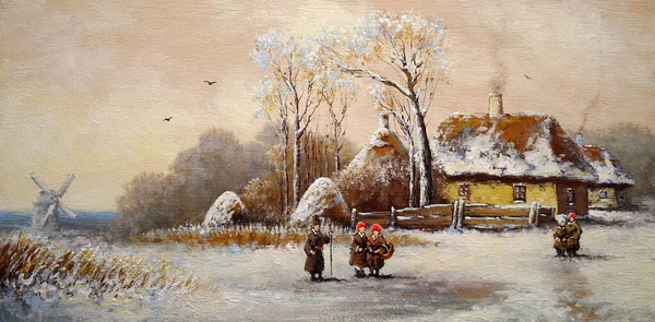 Живопись Пейзаж Старой Зимней Деревни — стоковое фото