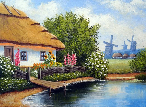 Beautiful Painting Old Ukrainian Village Pastoral Landscape Windmills Huts — стоковое фото