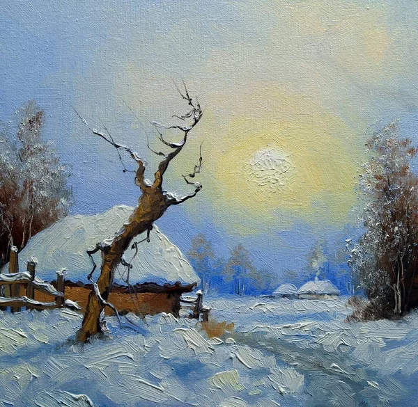昔の冬の村の風景絵画 — ストック写真