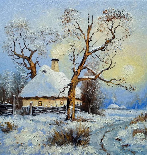 Painting Landscape Old Winter Village — Stock Photo, Image