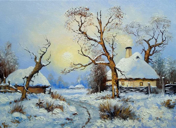 Måleri Landskap Gamla Winter Village — Stockfoto