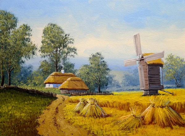 Bela Paisagem Antiga Aldeia Ucraniana Com Campos Pastorais Cabanas — Fotografia de Stock