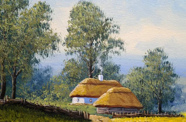 Beautiful Landscape Old Ukrainian Village Pastoral Fields Huts — Foto Stock