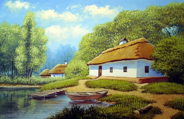 Beautiful Landscape Old Ukrainian Village Pastoral Fields Huts — Stock Fotó