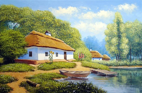 Beautiful Landscape Old Ukrainian Village Pastoral Fields Huts — Stock Photo, Image