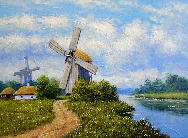 beautiful painting of old Ukrainian village with pastoral landscape, windmills, river and huts