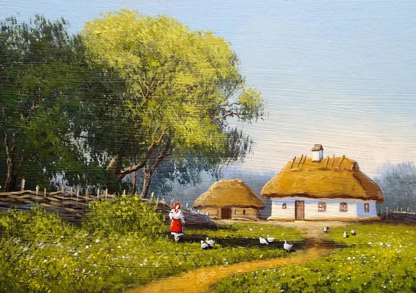 Beautiful Landscape Old Ukrainian Village Pastoral Fields Huts — Zdjęcie stockowe