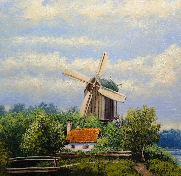 beautiful painting of old Ukrainian village with pastoral landscape, windmill and hut