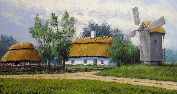 Bela Paisagem Antiga Aldeia Ucraniana Com Campos Pastorais Cabanas — Fotografia de Stock