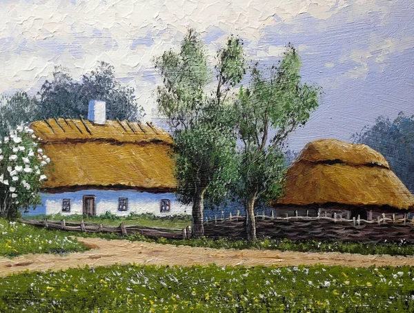 Beautiful Landscape Old Ukrainian Village Pastoral Fields Huts — Zdjęcie stockowe