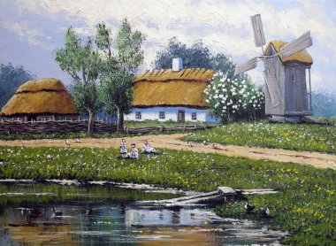 beautiful landscape of old Ukrainian village with pastoral fields and huts 