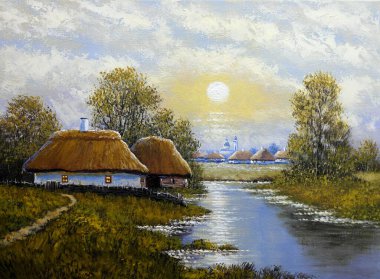 beautiful landscape of old Ukrainian village with pastoral fields and huts 