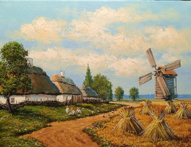 Pastoral tarlaları ve kulübeleri olan eski Ukrayna köyünün güzel manzarası. 