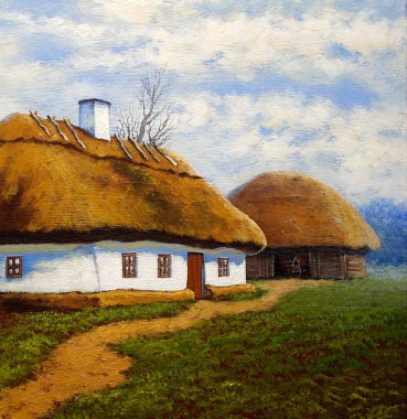 Pastoral tarlaları ve kulübeleri olan eski Ukrayna köyünün güzel manzarası. 