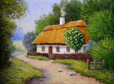 Pastoral tarlaları ve kulübesi olan eski Ukrayna köyünün güzel manzarası.