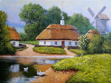 Pastoral tarlaları ve kulübeleri olan eski Ukrayna köyünün güzel manzarası. 