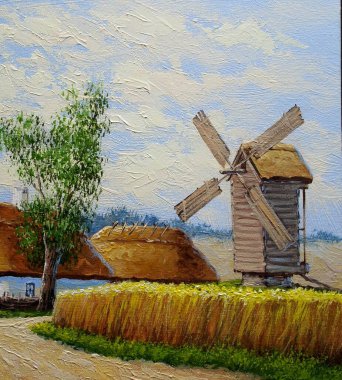 Pastoral tarlaları ve kulübeleri olan eski Ukrayna köyünün güzel manzarası. 