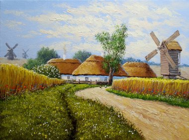 Pastoral tarlaları ve kulübeleri olan eski Ukrayna köyünün güzel manzarası. 