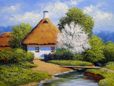 Köydeki eski evin güzel manzarası.