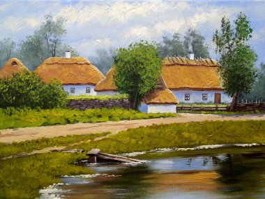 Geleneksel eski Ukrayna köyü, yağlı boya resim 