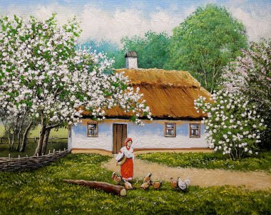 Paintings landscape, beautiful girl in a white dress with a bouquet of flowers