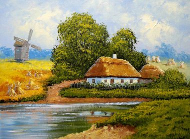 Paintings landscape, beautiful landscape with a lake in the background