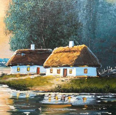 Ağaçlı güzel bir yaz manzarası ve kulübeleri olan eski bir köy.