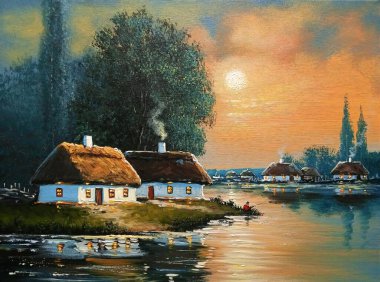Ağaçlı güzel bir yaz manzarası ve kulübeleri olan eski bir köy.