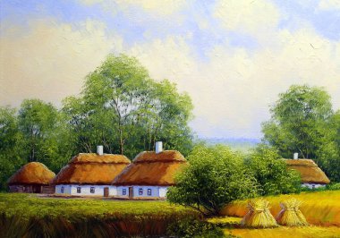 Ağaçlı güzel bir yaz manzarası ve kulübeleri olan eski bir köy.