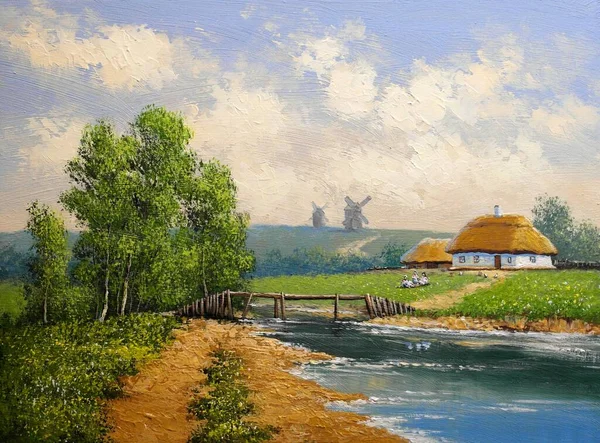 Bellissimo Paesaggio Del Vecchio Villaggio Ucraino Con Campi Pastorali Capanne — Foto Stock
