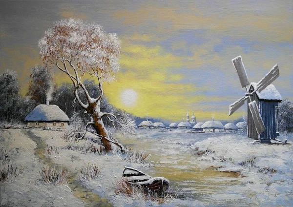 Pittura Paesaggio Del Vecchio Villaggio Invernale — Foto Stock